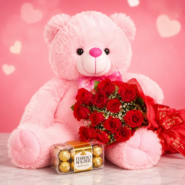 My Gifts Tree Pink Teddy with Red Roses