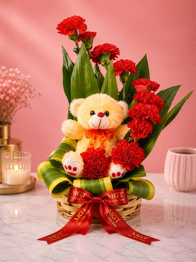 My Gifts Tree Teddy with Red Love Slide - Premium Flowers and Teddy Gift Combo
