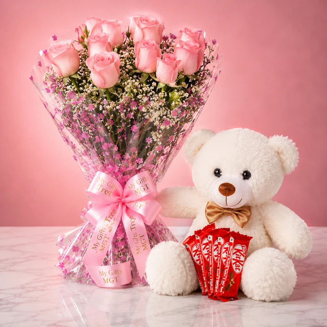 My Gifts Tree Fluffy Rose Crunch with Teddy - Premium Flowers and Teddy Gift Combo