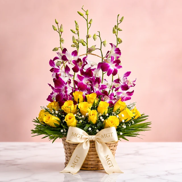 Basket Of yellow Roses With Orchid