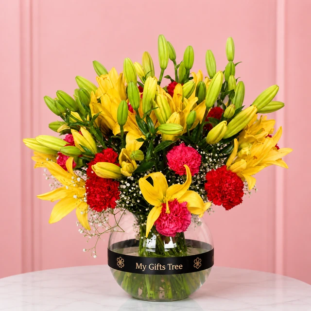 My Gifts Tree Yellow Lilies with Pink Carnation - Premium Carnation Bouquet