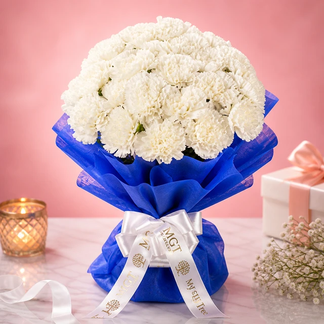 My Gifts Tree Carnation in Blue White Color - Premium Carnation Bouquet