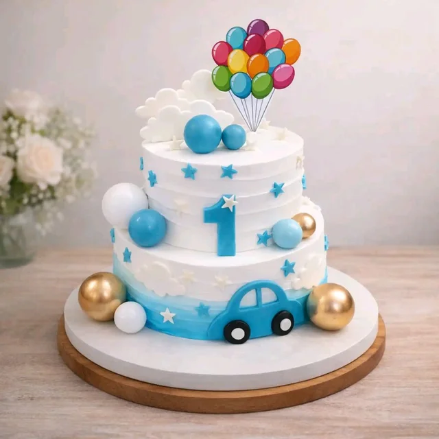 Two Tier Blue Car Theme Birthday Cake