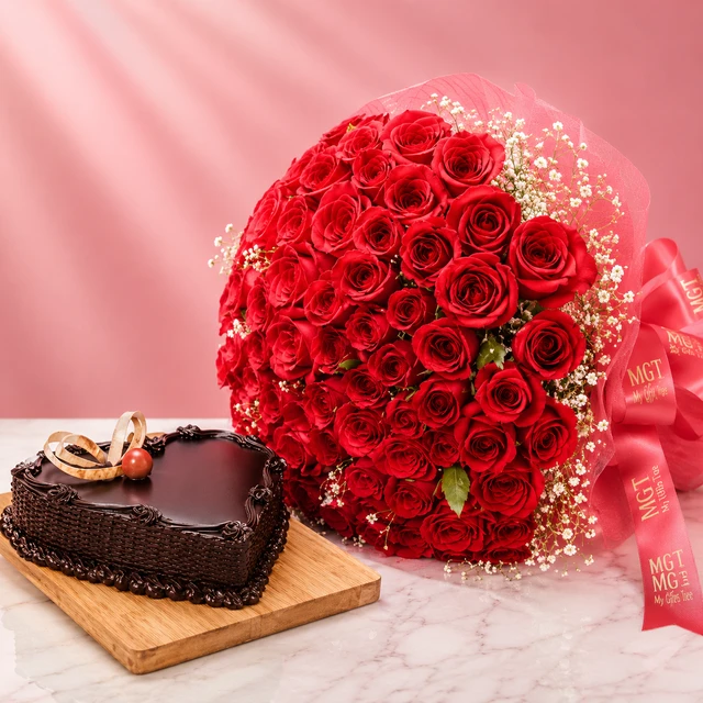 My Gifts Tree Romantic Gift Arrangement with Cake and Roses