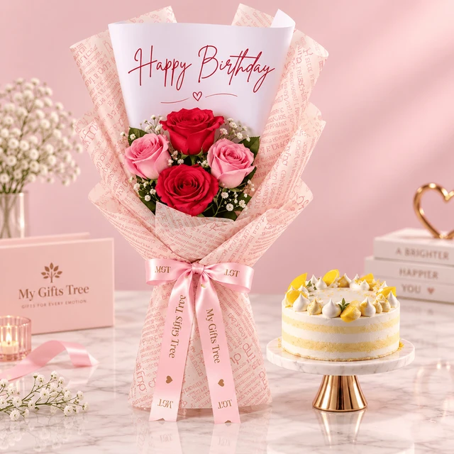 Bento Birthday Rose and Yellow Cake Combo