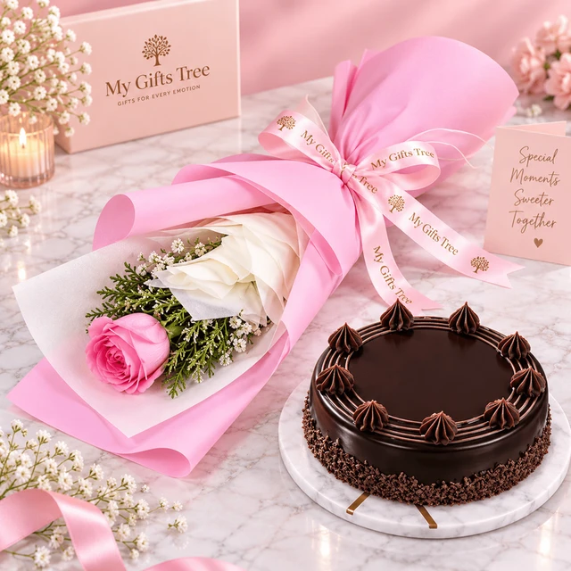 Bento Pink Rose and Chocolate Cake Combo