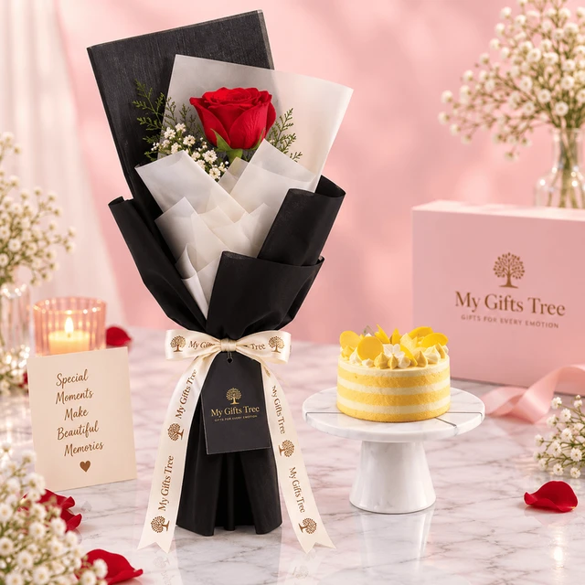 Bento Single Red Rose and Yellow Cake Combo