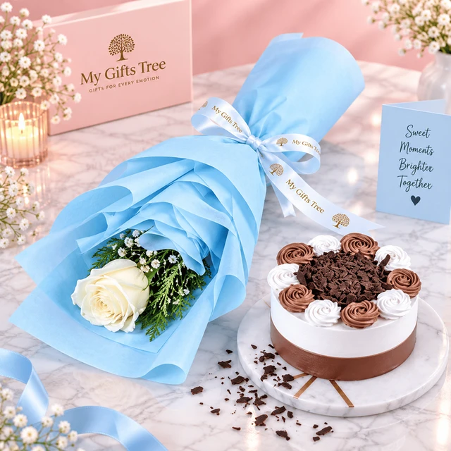 Bento White Rose and Chocolate Cake Combo