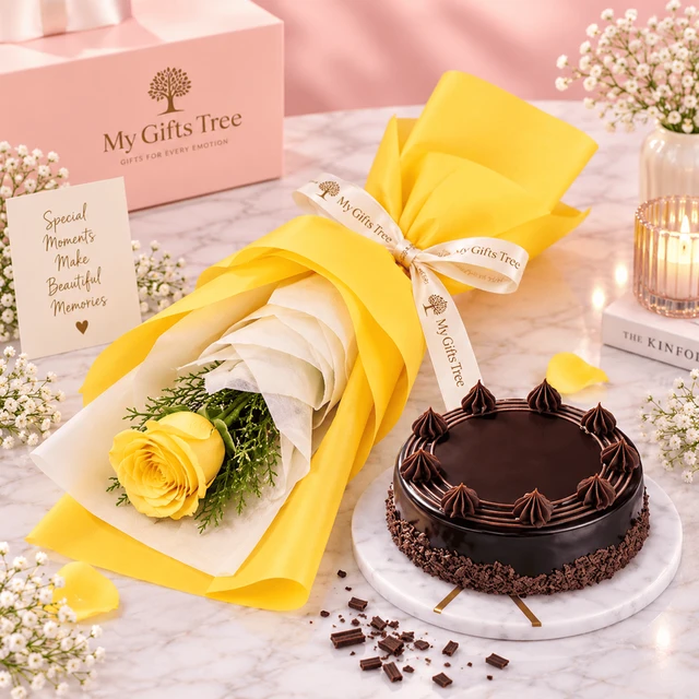 Bento Yellow Rose and Chocolate Cake Combo
