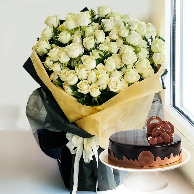 My Gifts Tree Bouquet of White Roses & Cake - 1 KG