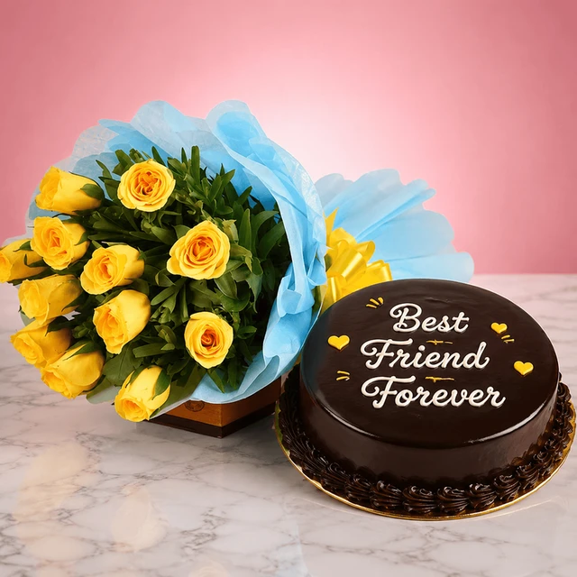 My Gifts Tree Cheecheerful Roses & Chocolate Cake for Friends | Friendship Day Special - 500 GM