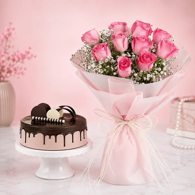 My Gifts Tree Dreamy Pink Roses & Chocolate Cake | Friendship Day Special