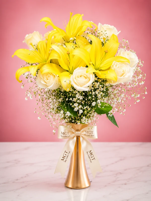My Gifts Tree Golden Sunshine Lily & White Rose Vase Arrangement