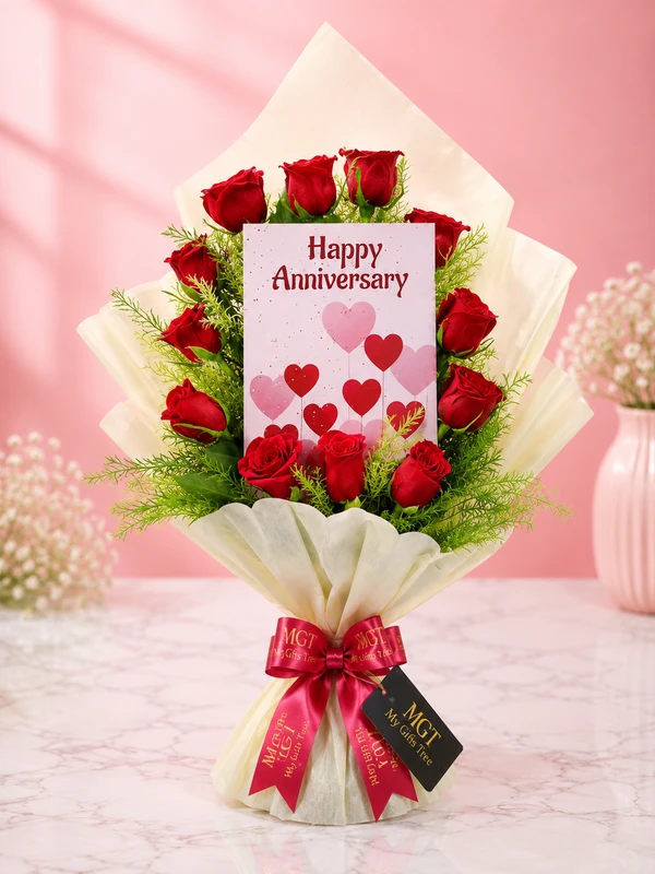 Happy Anniversary Red Rose Greeting Bouquet