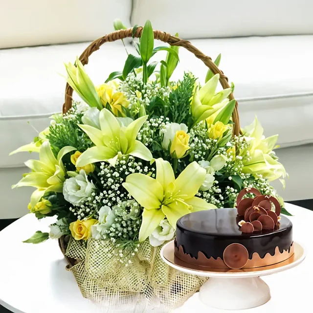 My Gifts Tree Liies Roses in Basket with Cake - 1 KG