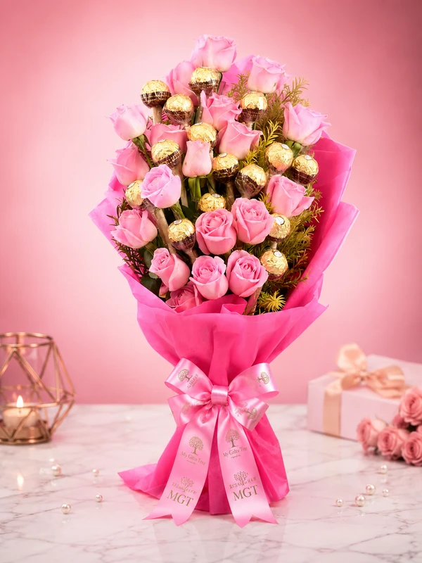 My Gifts Tree Luxury Pink Roses & Ferrero Rocher Bouquet