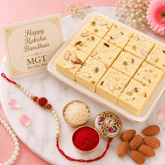 My Gifts Tree Pearl and Rudraksh Rakhi with Soan Papdi Combo