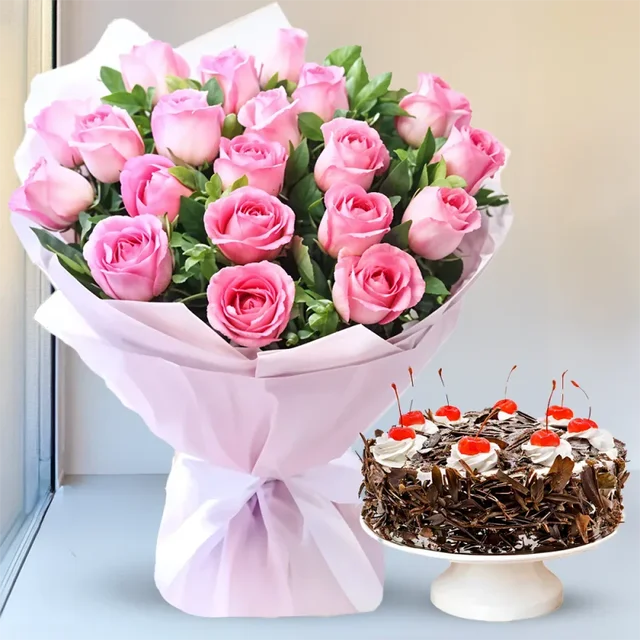 My Gifts Tree Pink Roses with Black Forest Cake - 1 KG