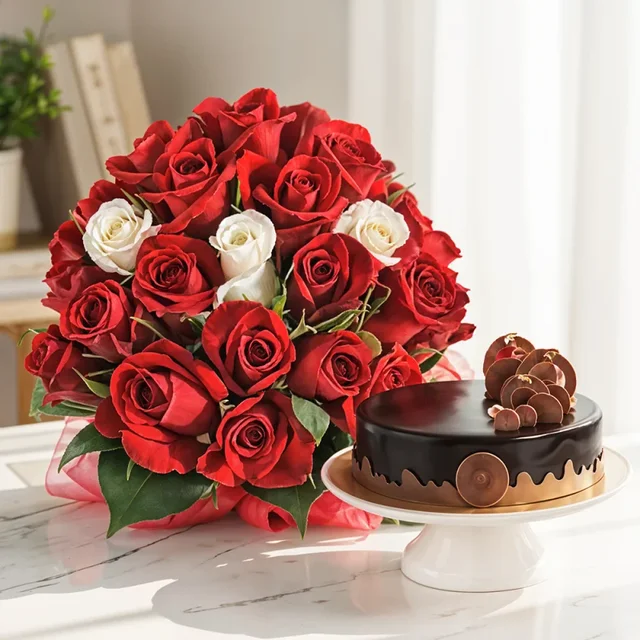 My Gifts Tree Red & White Roses with Cake - 500 GM
