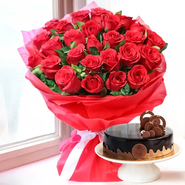 My Gifts Tree Red Roses & Chocolate Cake - 1 KG