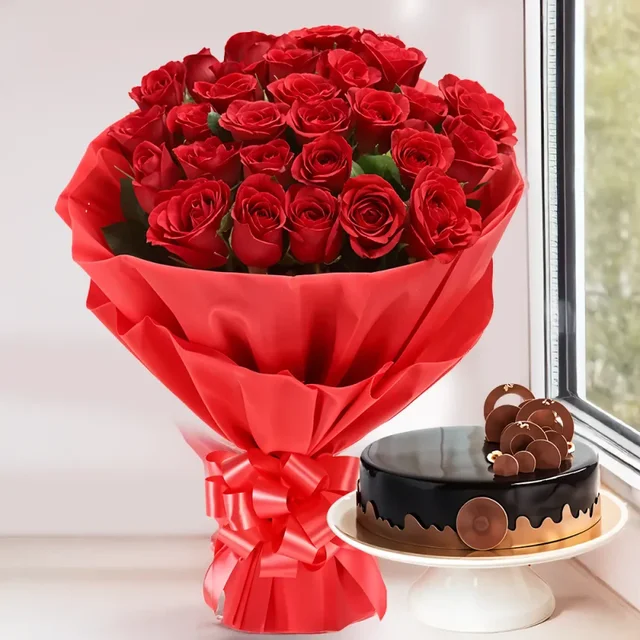 My Gifts Tree Red Roses with Chcocolate Cake - 1 KG