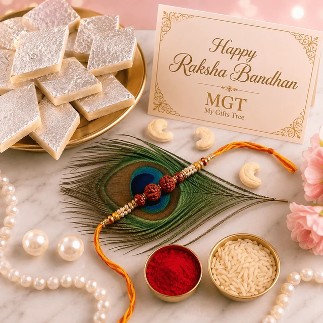 Rudraksha Beads Rakhi And Kaju Katli