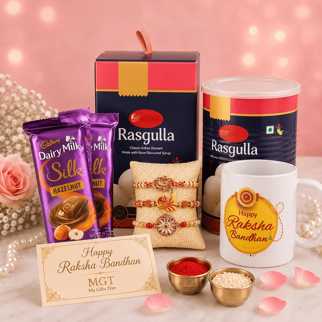 Set of 3 Rakhis With Mug Cadbury Silk & Rasgulla Delight