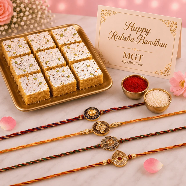 Set of 4 CZ and Filigree Rakhi Hamper