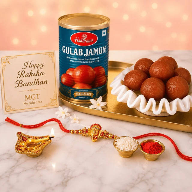 My Gifts Tree Sneh Ganesha Face Wooden Rakhi & Haldiram Gulab Jamun