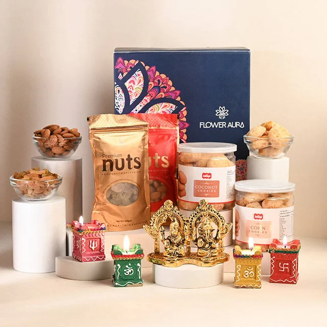 My Gifts Tree Vibrant Diyas with Nuts and Cookies