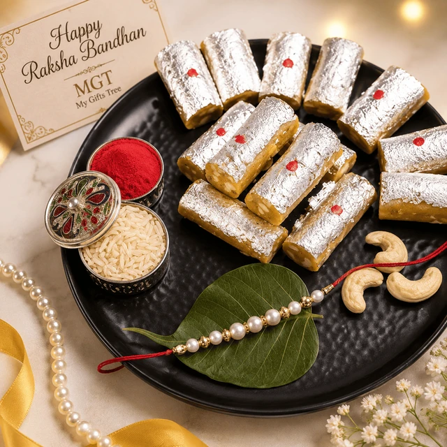 My Gifts Tree White Pearl Rakhi with Roll Kaju Katli