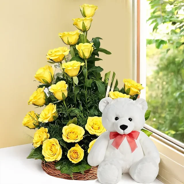 My Gifts Tree Yellow Roses in a Basket with Teddy