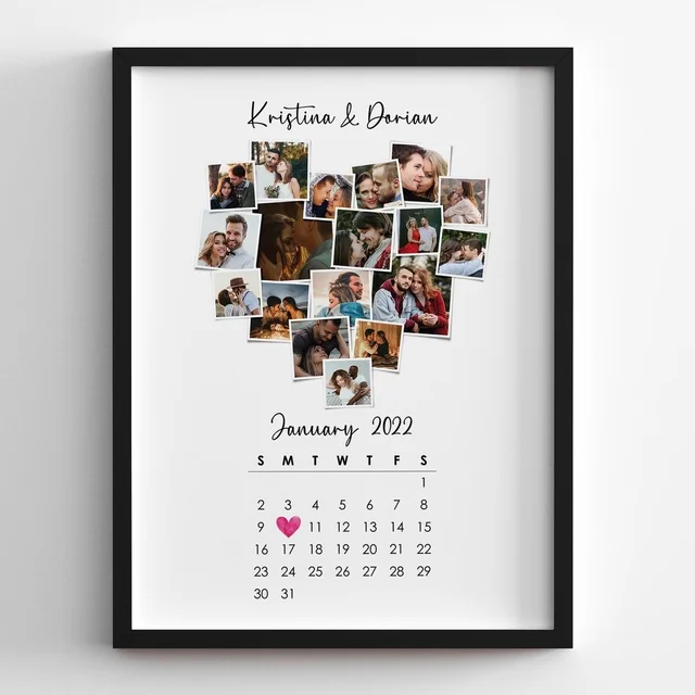 Personalized Calendar Collage Wall Mount Rectangular Photo Frame with Photo Upload, Customized Spotify Song and QR Code for Valentine's Day, Birthday, Wedding Gifts