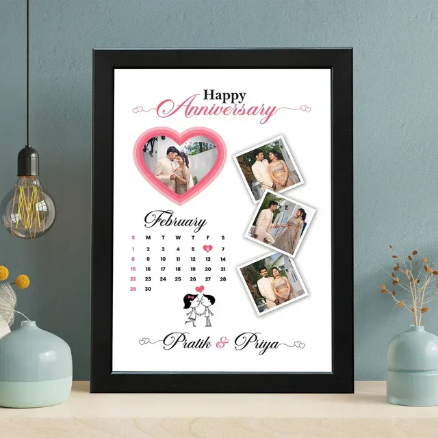 Personalized Calendar Collage Wall Mount Rectangular Photo Frame with Photo Upload, Customized Spotify Song and QR Code for Valentine's Day, Birthday, Wedding Gifts