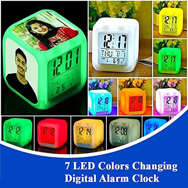 Personalized Photo LED Digital Alarm Clock � Custom 4-Photo Color-Changing Cube with Time, Date, Temp Display � Digital Alarm Clock for Kids Girls, Table Clock, Customized Gift