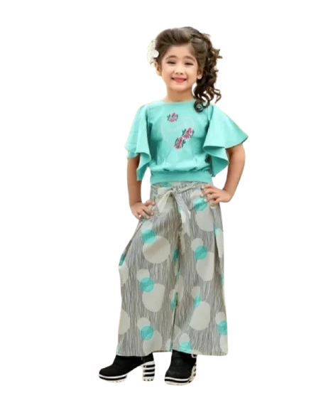 Thread Work Top With Digital Print Plazzzo - 24, Turquoise