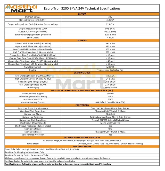 Eapro Tron Prime Plus 3200 3KVA 24V 104A AI MPPT Lithium Solar PCU