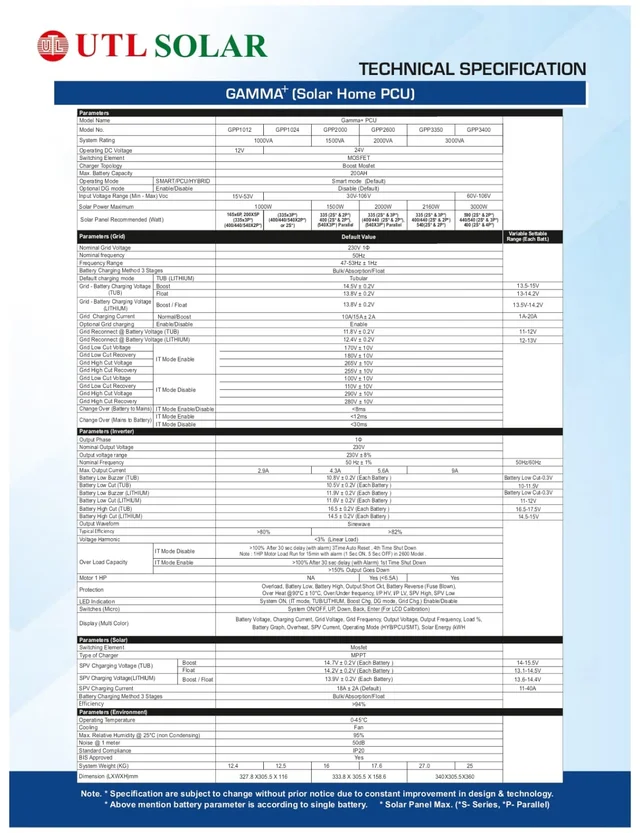 UTL Gamma Plus GPP 3400 Li-ion 3KVA 24V MPPT Solar PCU
