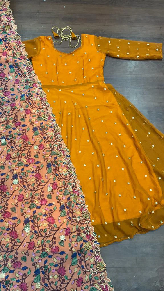 Maxi Gown with digital Embroidery Dupatta - L