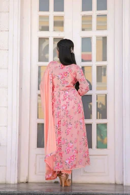 Multicoloured Anarkali with mirror work and print lace - XL