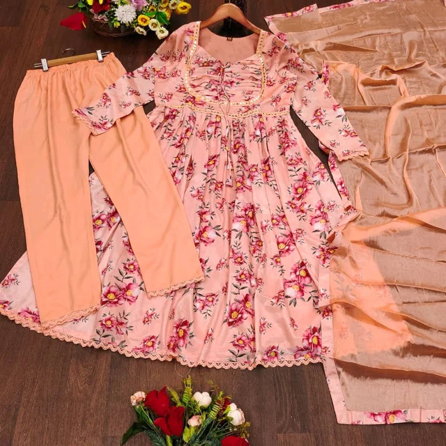 Multicoloured Anarkali with mirror work and print lace - XXL