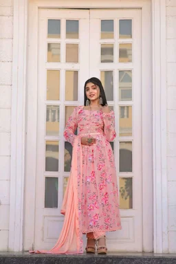 Multicoloured Anarkali with mirror work and print lace - XXL