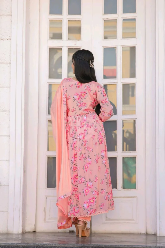 Multicoloured Anarkali with mirror work and print lace - XXL