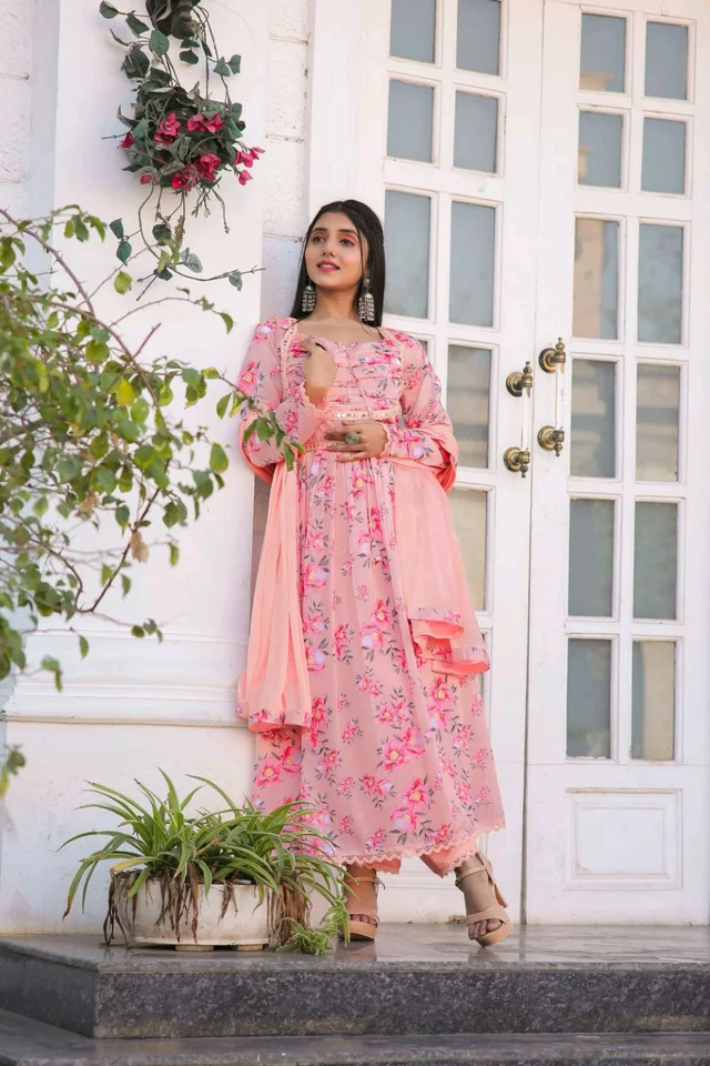 Multicoloured Anarkali with mirror work and print lace - XXL