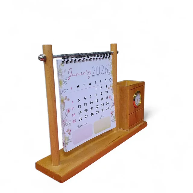 Itsmyway Gift 3-in-1 Wooden Desk Organizer: 2026 Flip Calendar with Analog Clock & Pen Holder – Aesthetic Office Decor & Stationery Gift