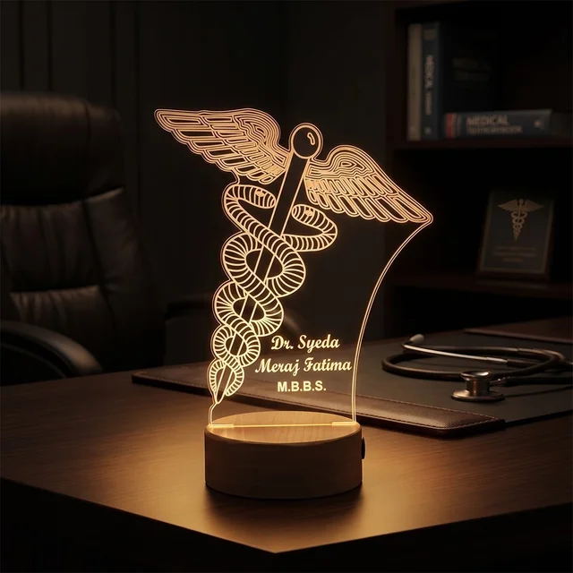 Itsmyway Gift Personalized 3D LED Illusion Lamp for Doctors, Customized Acrylic Night Light with Name and MBBS Degree, Decorative Medical Caduceus Table Desk Lamp for Clinic, Best Farewell & Graduation Gift for Medicos