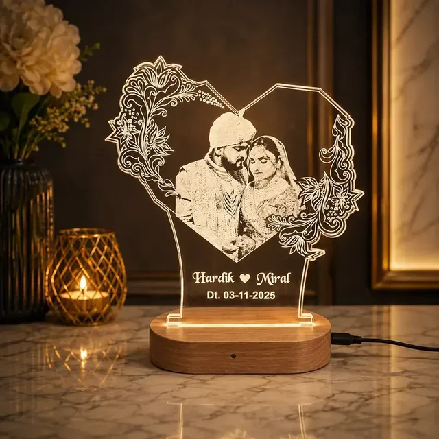 Itsmyway Gift Personalized 3D Photo LED Acrylic Lamp with Wooden Base – RGB Multi-Color Heart Light for Wedding, Anniversary & Couple Gifts