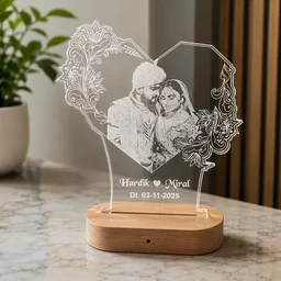 Itsmyway Gift Personalized 3D Photo LED Acrylic Lamp with Wooden Base – RGB Multi-Color Heart Light for Wedding, Anniversary & Couple Gifts