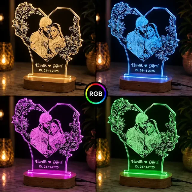 Itsmyway Gift Personalized 3D Photo LED Acrylic Lamp with Wooden Base – RGB Multi-Color Heart Light for Wedding, Anniversary & Couple Gifts