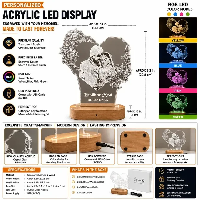 Itsmyway Gift Personalized 3D Photo LED Acrylic Lamp with Wooden Base – RGB Multi-Color Heart Light for Wedding, Anniversary & Couple Gifts